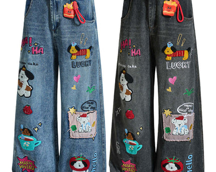 Embroidered College Style Cartoon Patch Denim Pants
