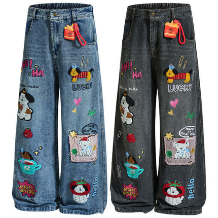 Pantalons en denim de collège avec patch de dessin animé