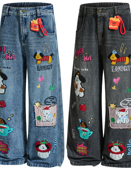 Embroidered College Style Cartoon Patch Denim Pants
