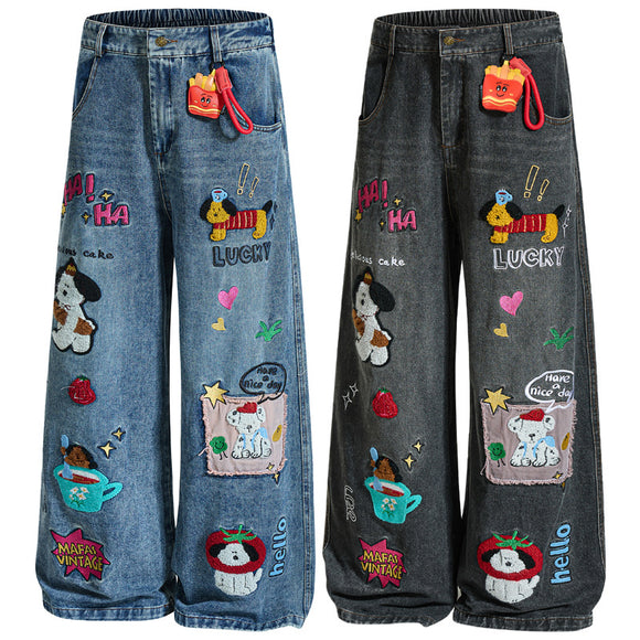 Embroidered College Style Cartoon Patch Denim Pants