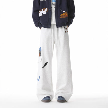 Pantalons de survêtement brodés pour chien Style Homme rétro à poches multiples Pantalons décontractés polyvalents à cordon de serrage amples et athlétiques de rue