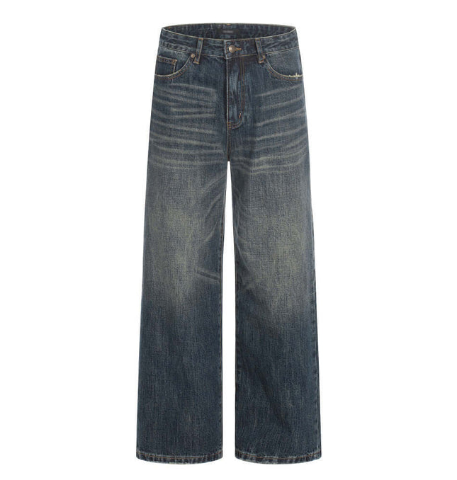 Washed and ground white denim straight leg pants