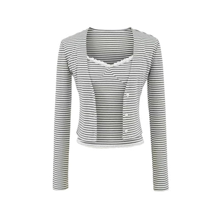 Top de Cárdigan de Manga Larga con Cuello en V a Rayas Dulces para Mujeres con Cuello Volante, Conjunto de Camisón Ajustado de Parches