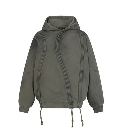Stripe Patchwork Hoodie – Loose Fit in gray with unique stitching and relaxed silhouette.