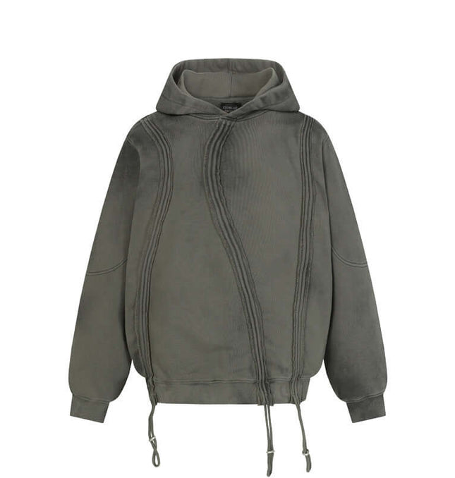 Stripe Patchwork Hoodie – Loose Fit in gray with unique stitching and relaxed silhouette.