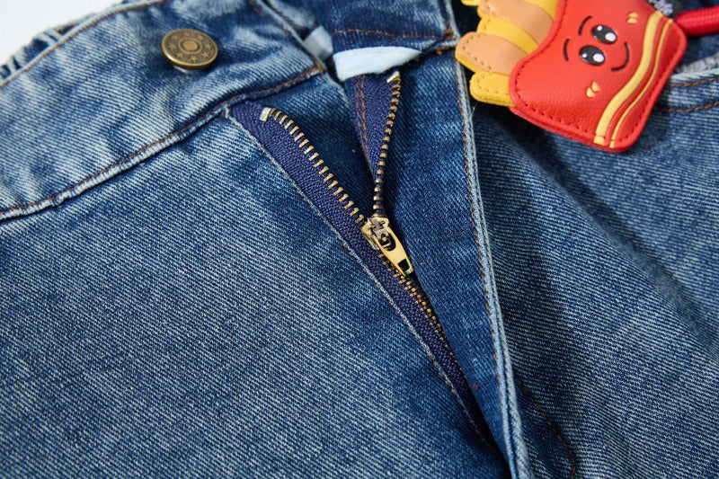 Embroidered College Style Cartoon Patch Denim Pants