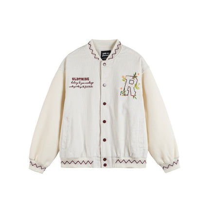 Embroidery Zipper Closure Stand-up Collar  Loose Fit  Baseball Jacket
