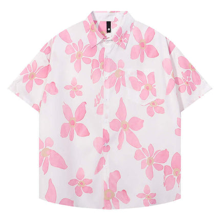 Pink Floral Short Sleeve Shirt – Loose Fit with pink and white floral pattern, perfect for summer casual wear.