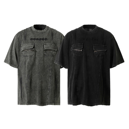 Retro Washed Pocket Embroidery T-Shirt – Loose Fit in gray and black, showcasing pockets and a relaxed fit.