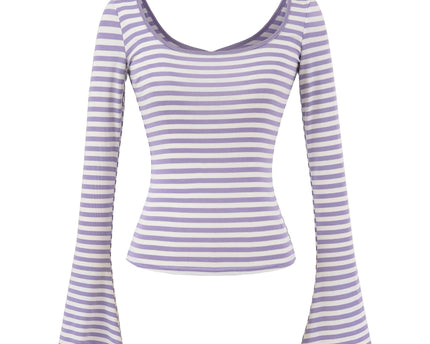 T-shirt élastique à manches longues à rayures avec encolure en U ajusté