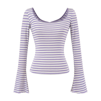 U-neck striped long sleeved elastic T-shirt tight top