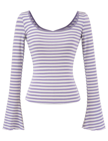 T-shirt élastique à manches longues à rayures avec encolure en U ajusté