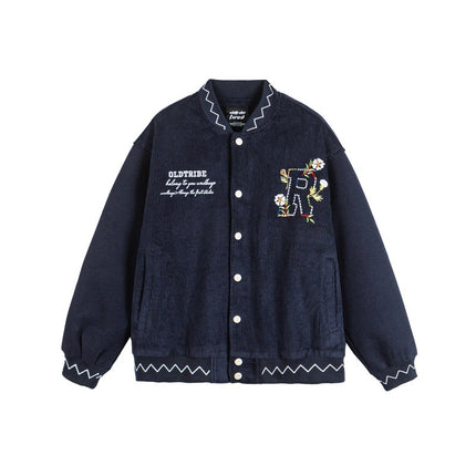 Embroidery Zipper Closure Stand-up Collar  Loose Fit  Baseball Jacket
