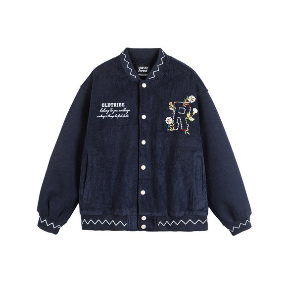 Embroidery Zipper Closure Stand-up Collar  Loose Fit  Baseball Jacket