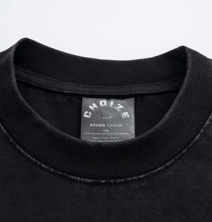 Close-up of the neckline and label of a Retro Washed Letter TShirt – Loose Fit.