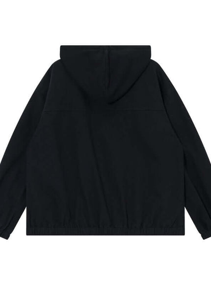 Close-up of Black drawstring hooded jacket fabric