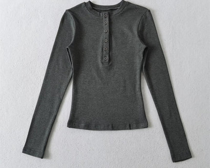 Elastisches Unifarbenes Basis Rundhals Halbknopf Langarm T-Shirt Oberteil