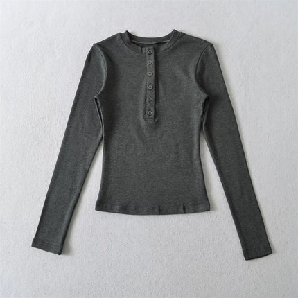 Solid Color Basic Round Neck Half-Button Long Sleeve Innerwear for Women, Elastic Slim Fit Fleece-Lined T-Shirt Top