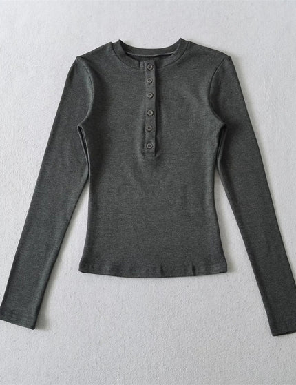 T-shirt à manches longues basique en couleur unie avec col rond et demi-boutonnage