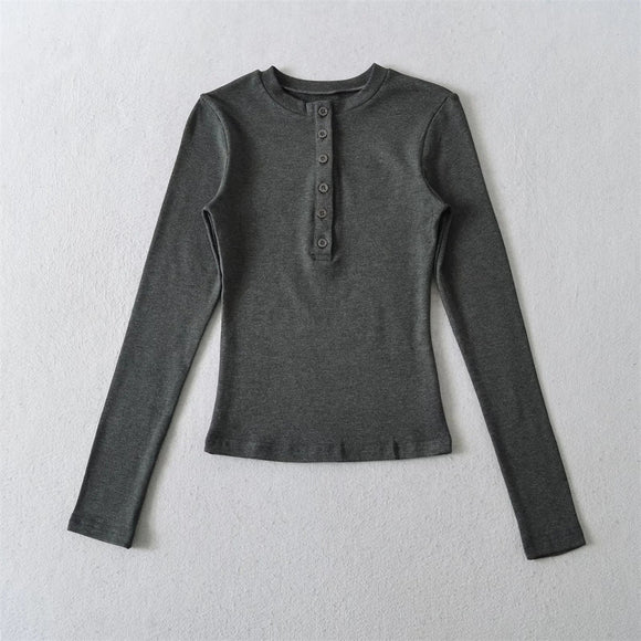 Camiseta básica de cuello redondo de color sólido con media botonera y manga larga para mujeres, ajustada elástica con forro de felpa