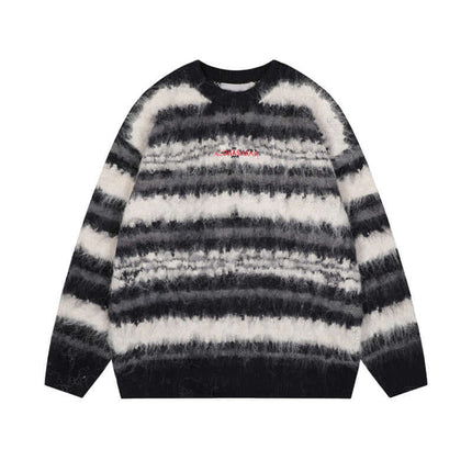 Model wearing Black stripe crewneck knitwear mohair sweater by Grozavu