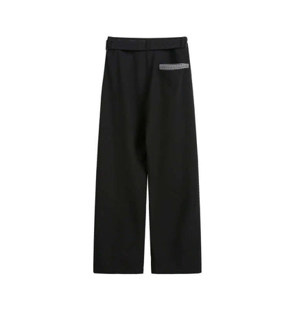 Wide Leg Pleated Plaid Trousers showcasing a stylish black design with a plaid detailed pocket.