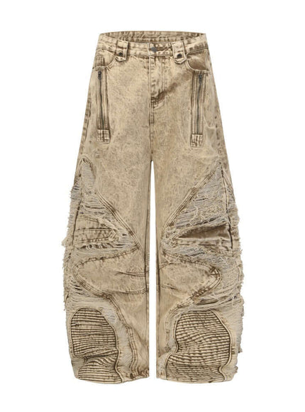 Model wearing Yellow make old curved knife jeans by Grozavu