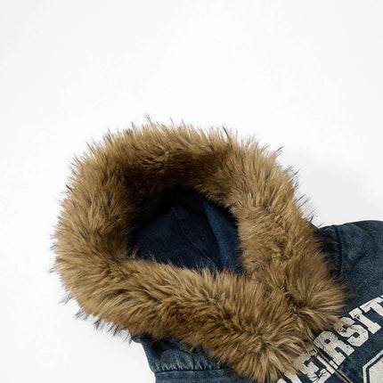 Wool Collar Padded Denim Jacket – Loose Fit showing soft fur-lined collar for added warmth and style.