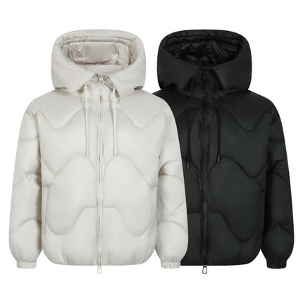 Wave Design Puffer Coat – Loose Fit in Black and Beige White, showcasing a bold street-fashion style.