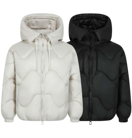 Wave Design Puffer Coat – Loose Fit in Black and Beige White, showcasing a bold street-fashion style.