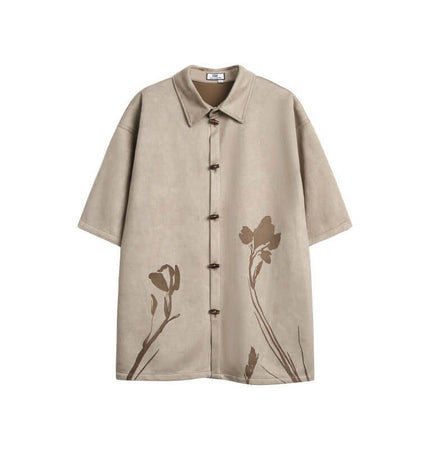Suede Short Sleeve Shirt - Loose Fit featuring floral design and relaxed silhouette for stylish casual looks.