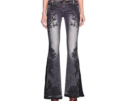 Retro plant print washed water slim fit and slimming flared jeans