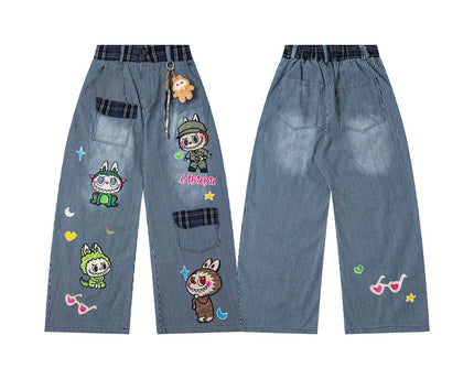 Retro Fun Cartoon Embroidery Washed Stripe Denim Pants Unisex Loose Casual Straight Street Long Trousers