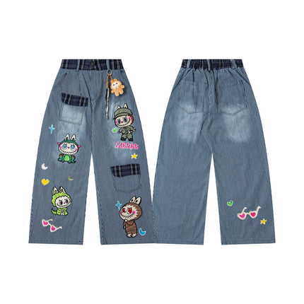 Cartoon Washed Denim Pants - Loose Fit
