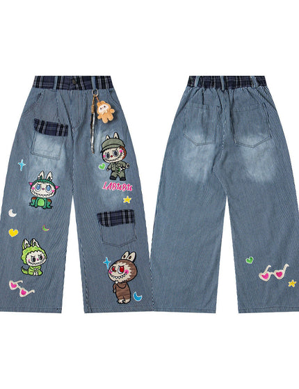 Retro Fun Cartoon Embroidery Washed Stripe Denim Pants Unisex Loose Casual Straight Street Long Trousers