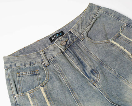 Washed Distressed Patchwork Loose Wide Leg Straight Floor-Length Pants