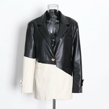 Grozavu's Patchwork PU Leather Blazer: Casual Chic with Hit Color Accents at €88.99