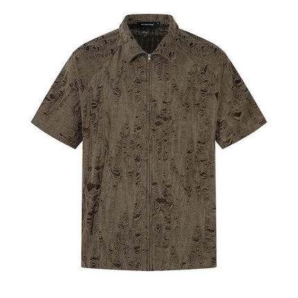 Distressed Short Sleeve Shirt - Loose Fit in trendy brown with zipper and short sleeves, designed for casual style.