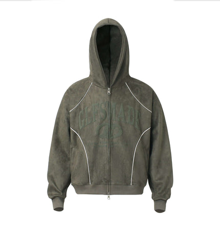 Faux Suede Printed Hoodie – Loose Fit in olive green with hood and zip closure, perfect for casual streetwear style.