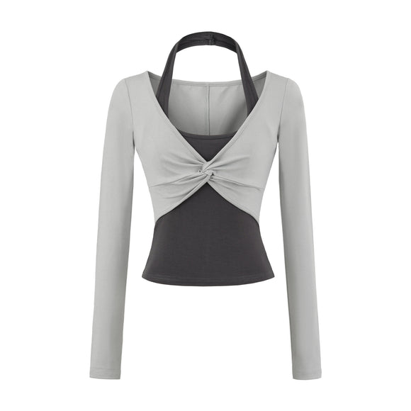 Hanging neck long sleeved T-shirt women's top