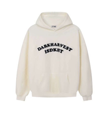 Embroidered Letter Hoodie – Loose Fit featuring bold 'DARKHARVEST ISDKHT' embroidery on a cream background.