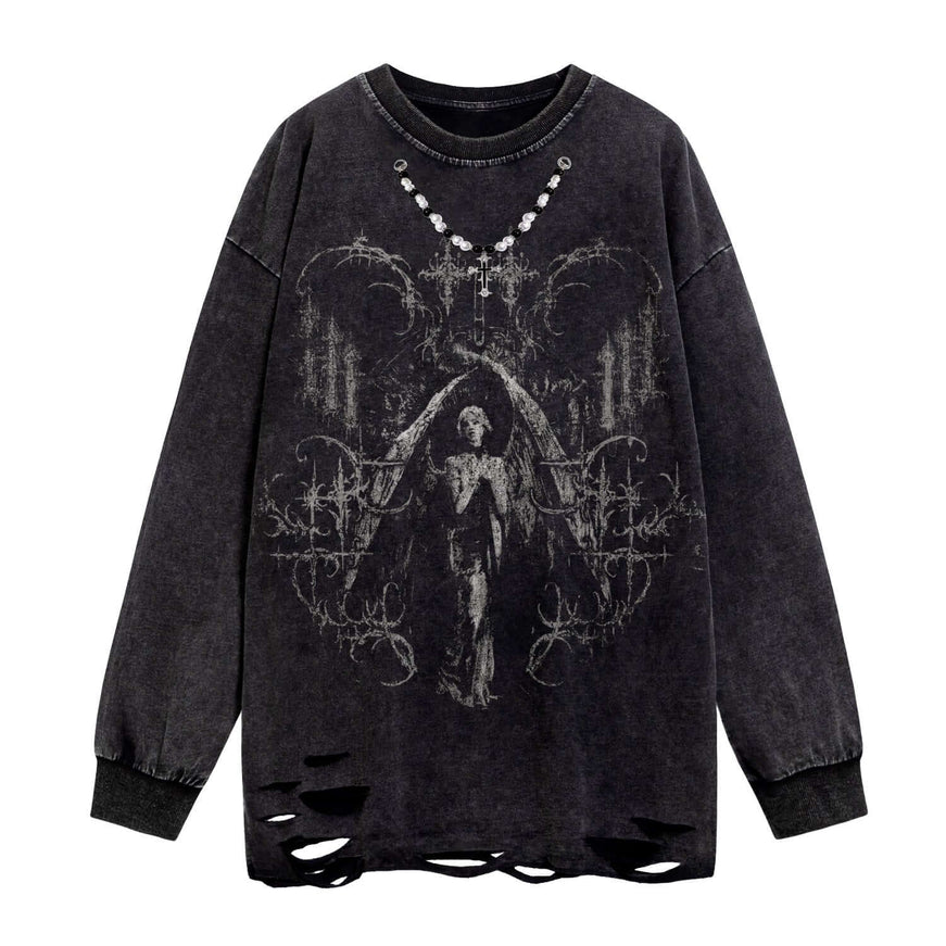 Front view of Cross Pendant Long Sleeve Sweater - Grozavu brand streetwear
