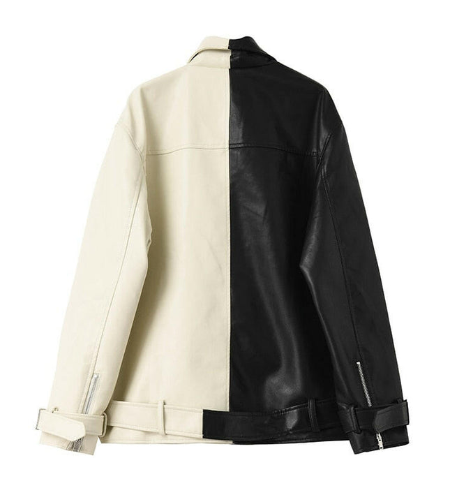 La bella giacca in pelle da motociclista in bianco e nero di Grozavu: vestibilità ampia e alla moda