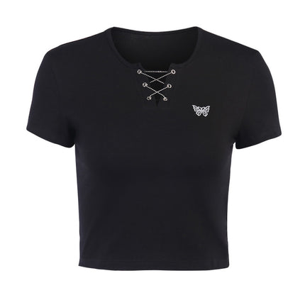 Grozavu: Butterfly Print Chain Tie Black Crop Top, Slim Fit, Short Sleeve at €19.99