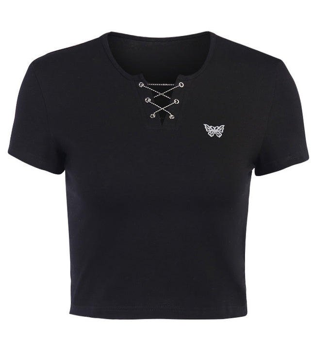 Grozavu: Butterfly Print Chain Tie Black Crop Top, Slim Fit, Short Sleeve