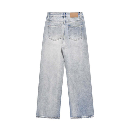 Washed Micro Flared Jeans – Loose Fit shown from the back, featuring a vintage washed blue denim finish and straight leg.