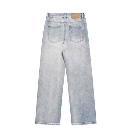 Washed Micro Flared Jeans – Loose Fit shown from the back, featuring a vintage washed blue denim finish and straight leg.