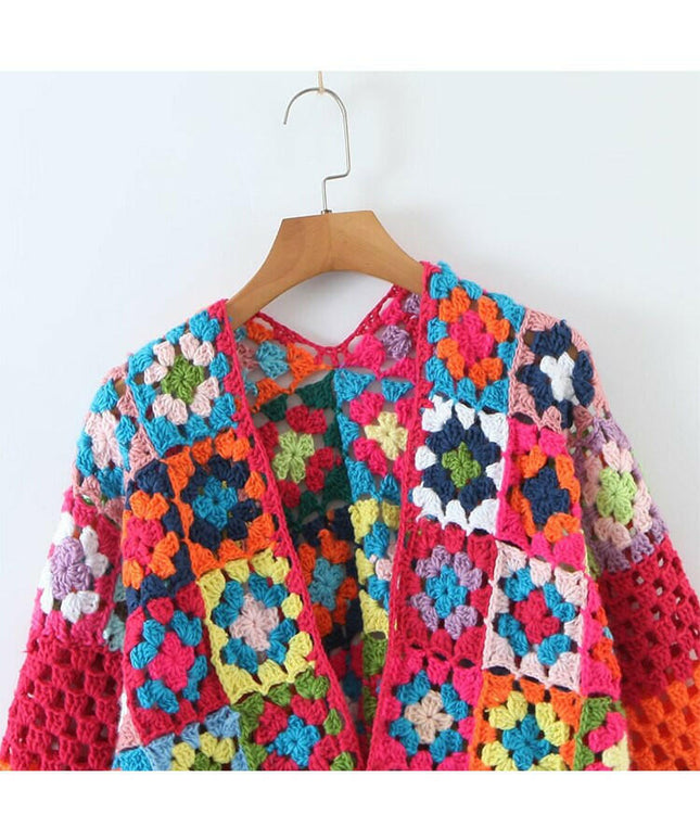 Boho Chic Vibes: Grozavu's Multicolor Plaid Crochet Cardigan!