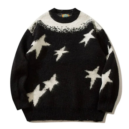 Star Graphic Patchwork Knitted Sweaters Mens Hip Hop Harajuku Oversize Casual O-Neck YAK Pullover Couples Street wear