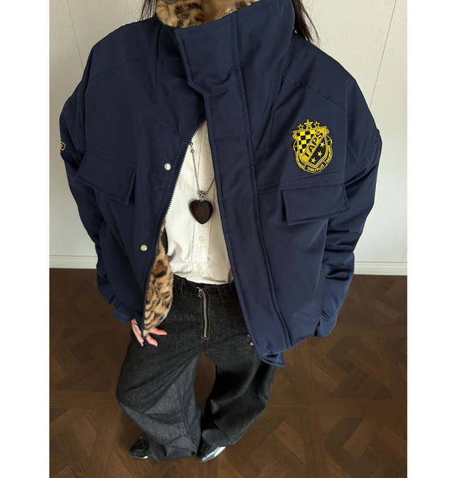 Leopard Style Fur Collar Jacket – Loose Fit with a luxurious fur trim and stylish design.